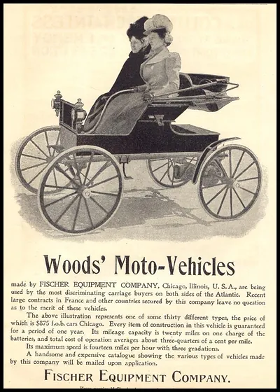 Woods' Moto-Vehicles advertisement by Fischer Equipment Company