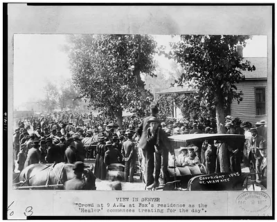 View in Denver. Crowd at 9 A.M. at Fox's residence as the 'Healer' commences treating for the day""
