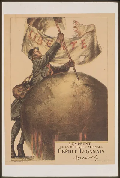Soldier on globe holding flag, Crédit Lyonnais war loan poster