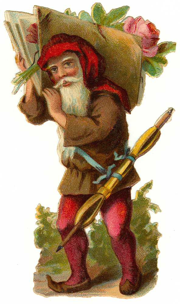 Victorian die-cut scrap of a bearded elf carrying a bundle — historic image