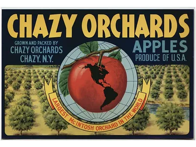 Chazy Orchards apples crate label with red apple and globe