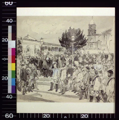 Crowd in a plaza before a church, with soldiers and officials