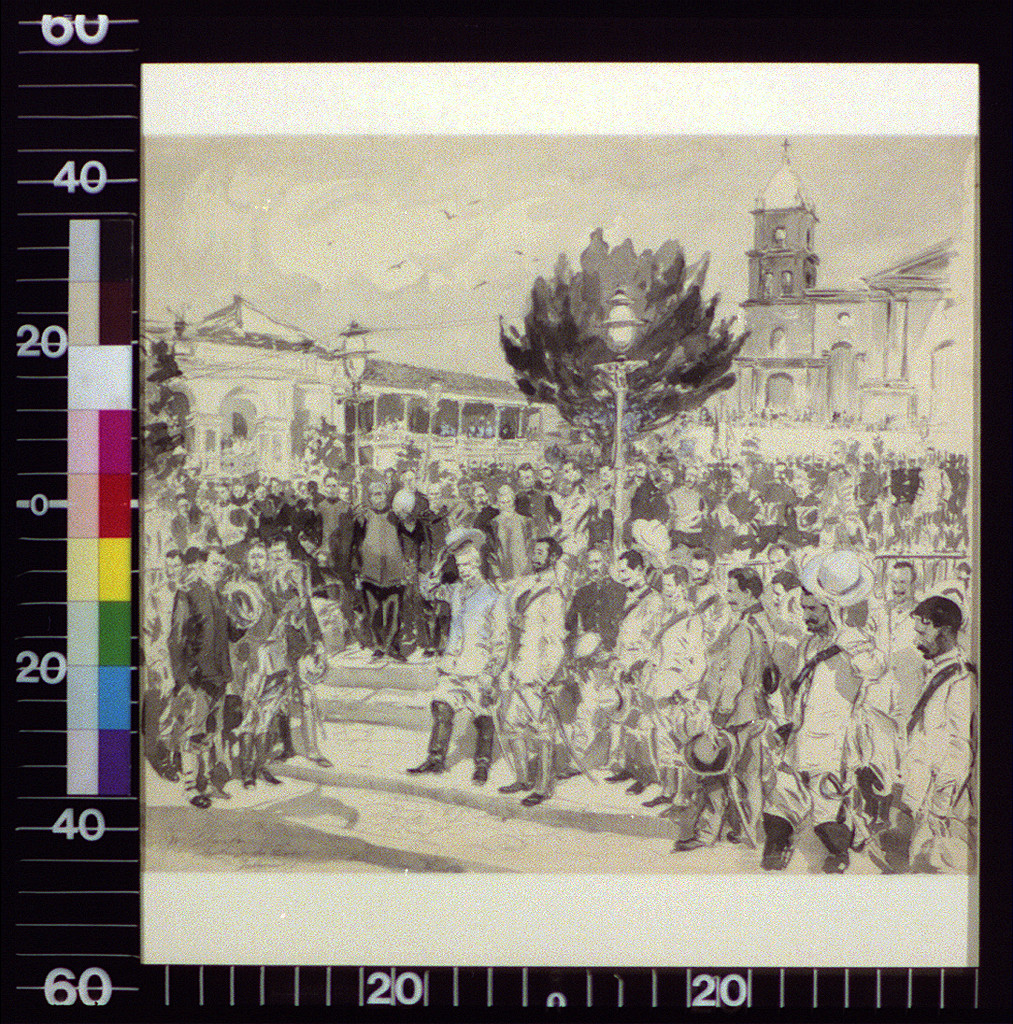 Crowd in a plaza before a church, with soldiers and officials — historic image