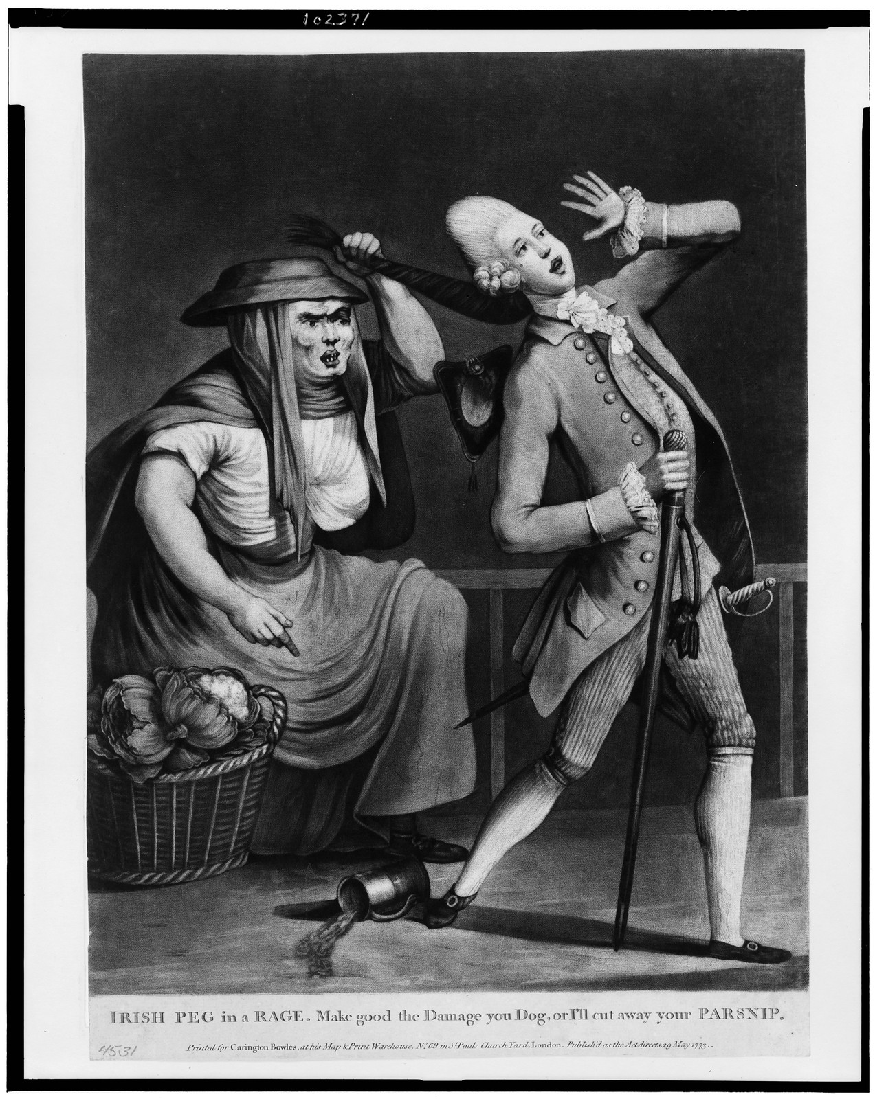 Irish peg in a rage. Make good the damage you dog, or I'll cut away your parsnip, London : Printed for Carington Bowles ... Publish'd as the act directs, 1773 May 29. — antique engraving