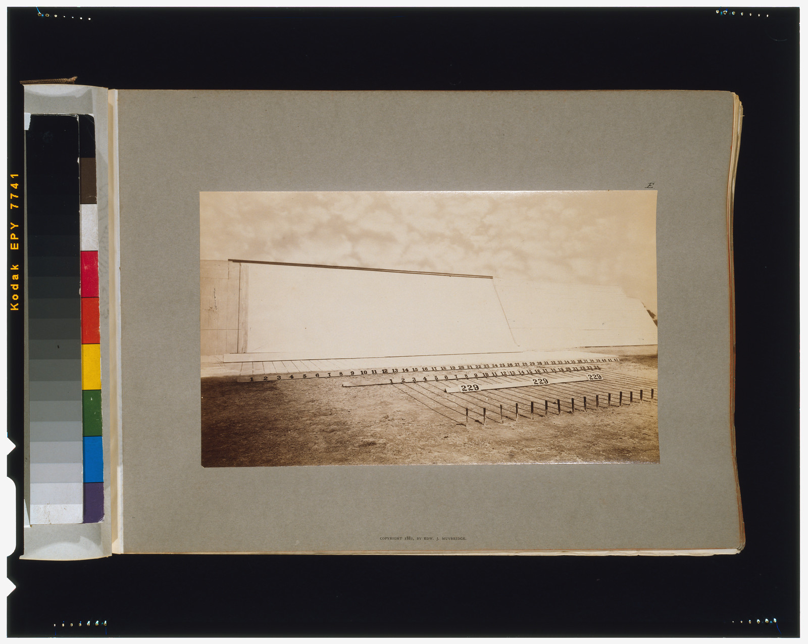 Sepia photograph of a white wall with numbered survey stakes — historic photograph