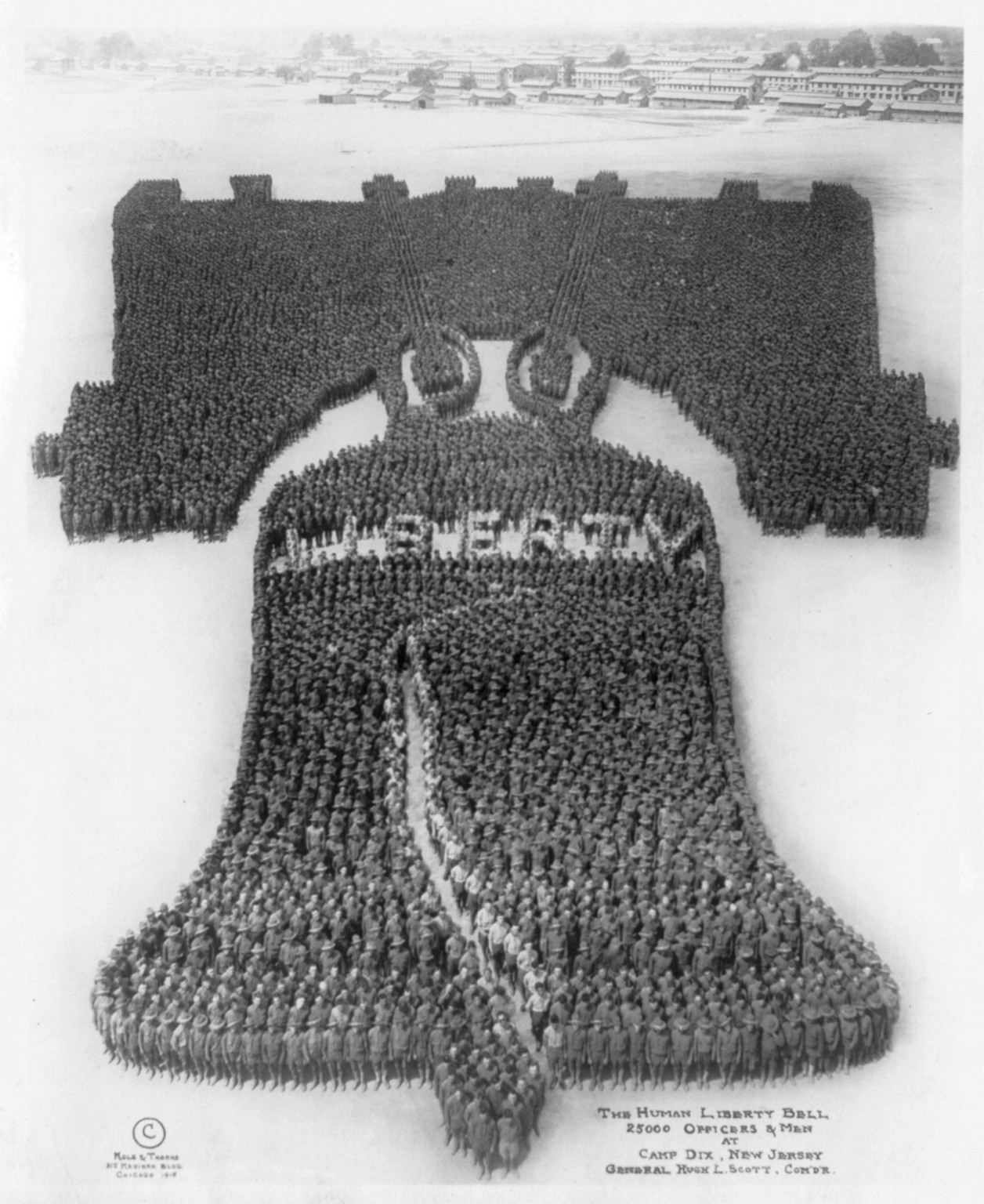 The Human Liberty Bell; 25000 officers and men at Camp Dix, New Jersey; General Hugh L. Scott, comdr., c1918. — historic photograph