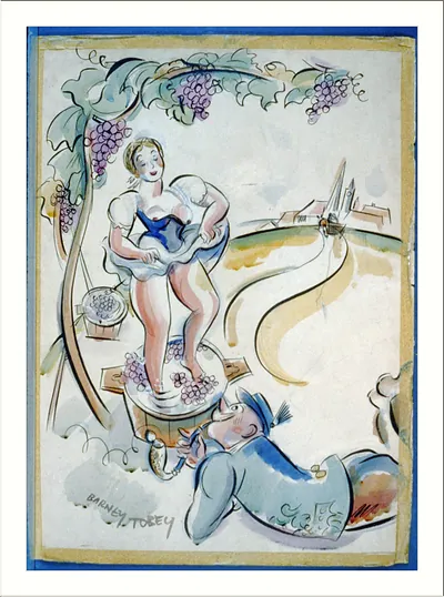 Woman treading grapes in a barrel, watercolor illustration