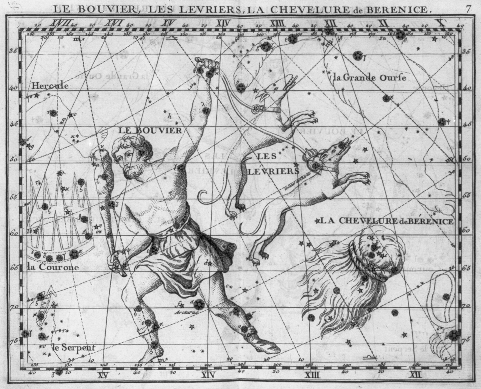 [Illus. of 3 constellations: Le Bouvier" (Bootes - the Ploughman) "Les Levriers" (Canes Venatici - 2 hounds) and "Le Chevelure de Berenice" (Coma Berenices - hair of Berenice)]", 1776 — historic print