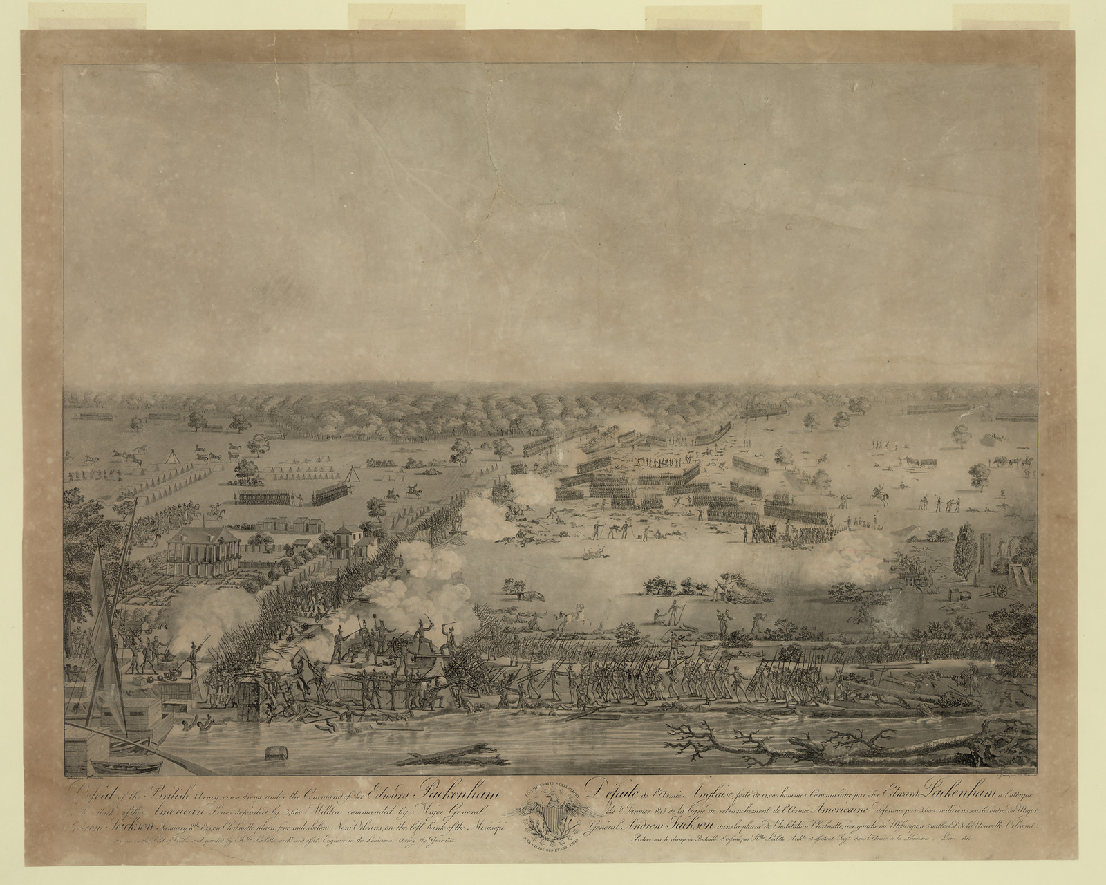 Engraved view of the battle of New Orleans, with Jackson's name — historic image