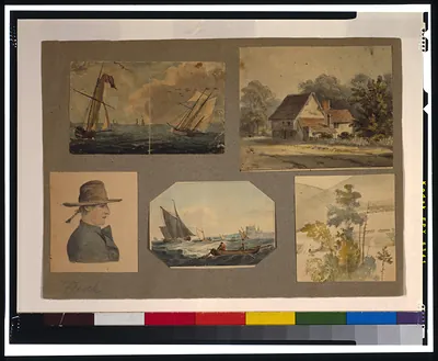 [Five sketches: one portrait, two marine views, exterior of a house, and one landscape showing trees]