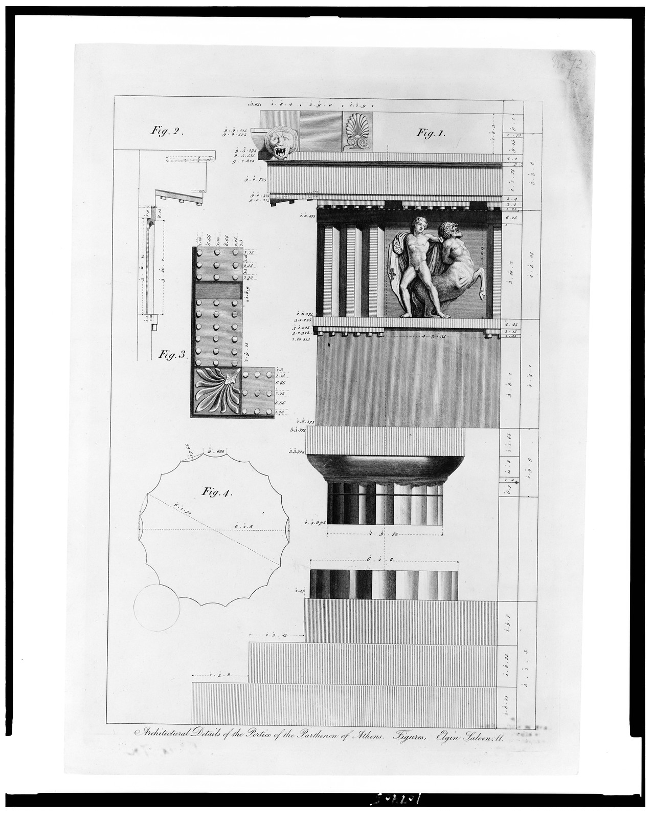 Architectural details of the portico of the Parthenon of Athens / Figures, Elgin Saloon, 11(?)., [between 1750 and 1799(?)] — antique engraving