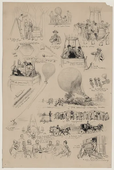 Sixteen numbered pen sketches of ballooning scenes with French captions