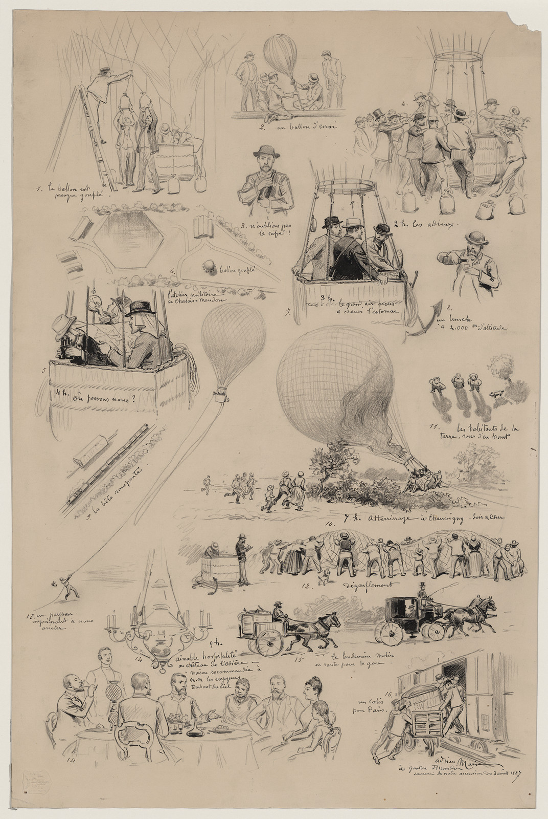 Sixteen numbered pen sketches of ballooning scenes with French captions — historic image