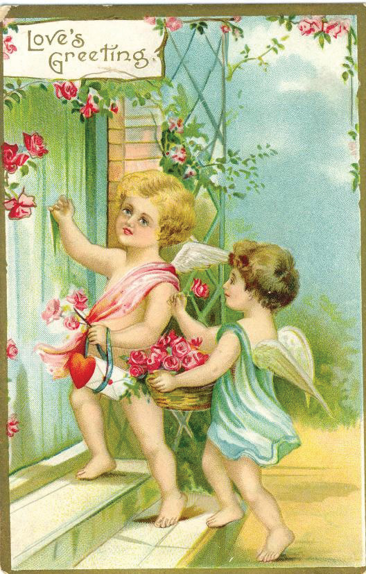 Love's Greeting: cherubs with roses and a heart — historic image