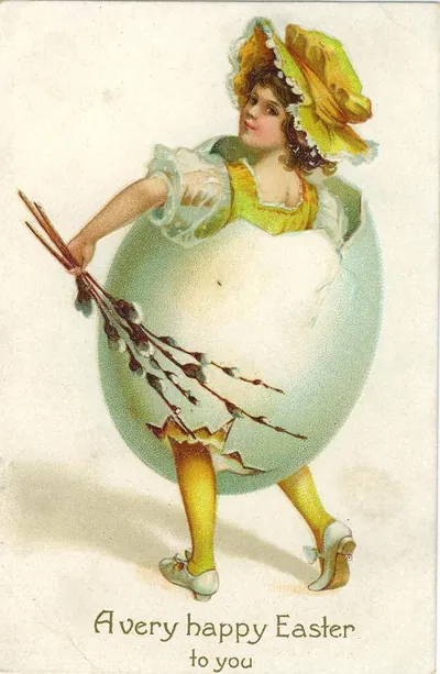 A very happy Easter to you, girl in egg postcard