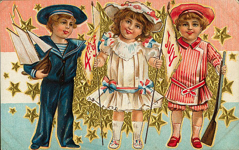 Patriotic children with flags and gold stars postcard — vintage postcard