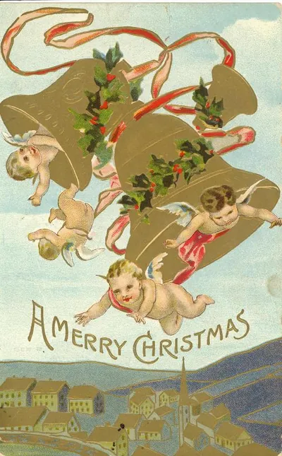 A Merry Christmas with cherubs and gold bells