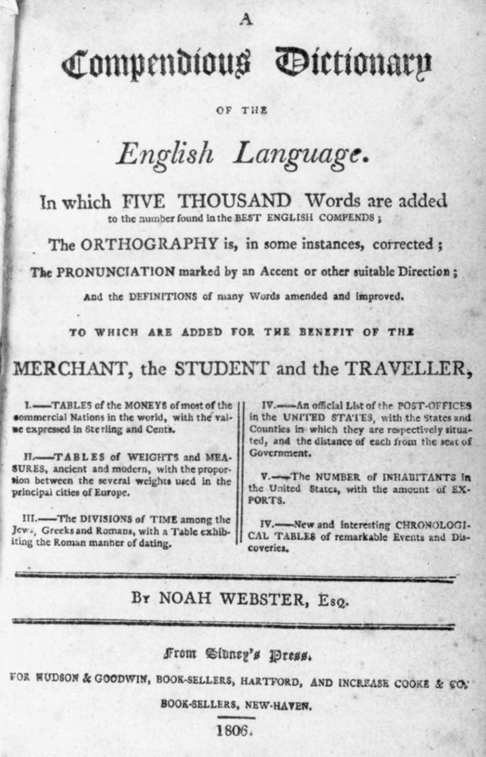 [Title page: A Compendious Dictionary for the English Language, by Noah Webster, 1806] — historic print