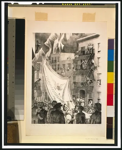 Flag raising in Leroy St. / Kyra Markham '42.