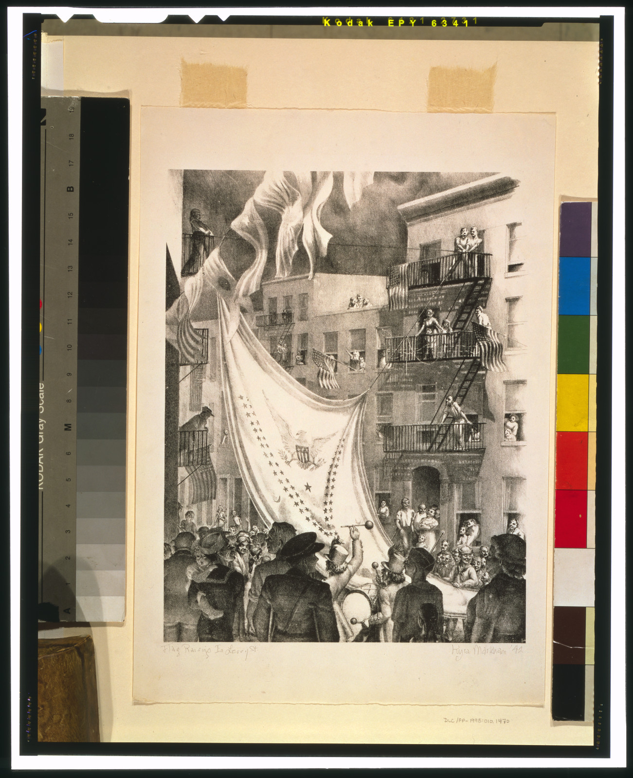Flag raising in Leroy St. / Kyra Markham '42., [19]42. — antique lithograph