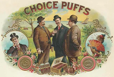 Choice Puffs cigar box label with three men