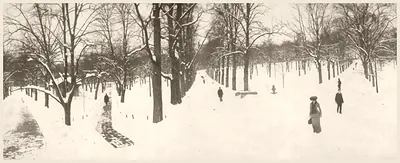 Snow-covered park path with bare trees and walkers