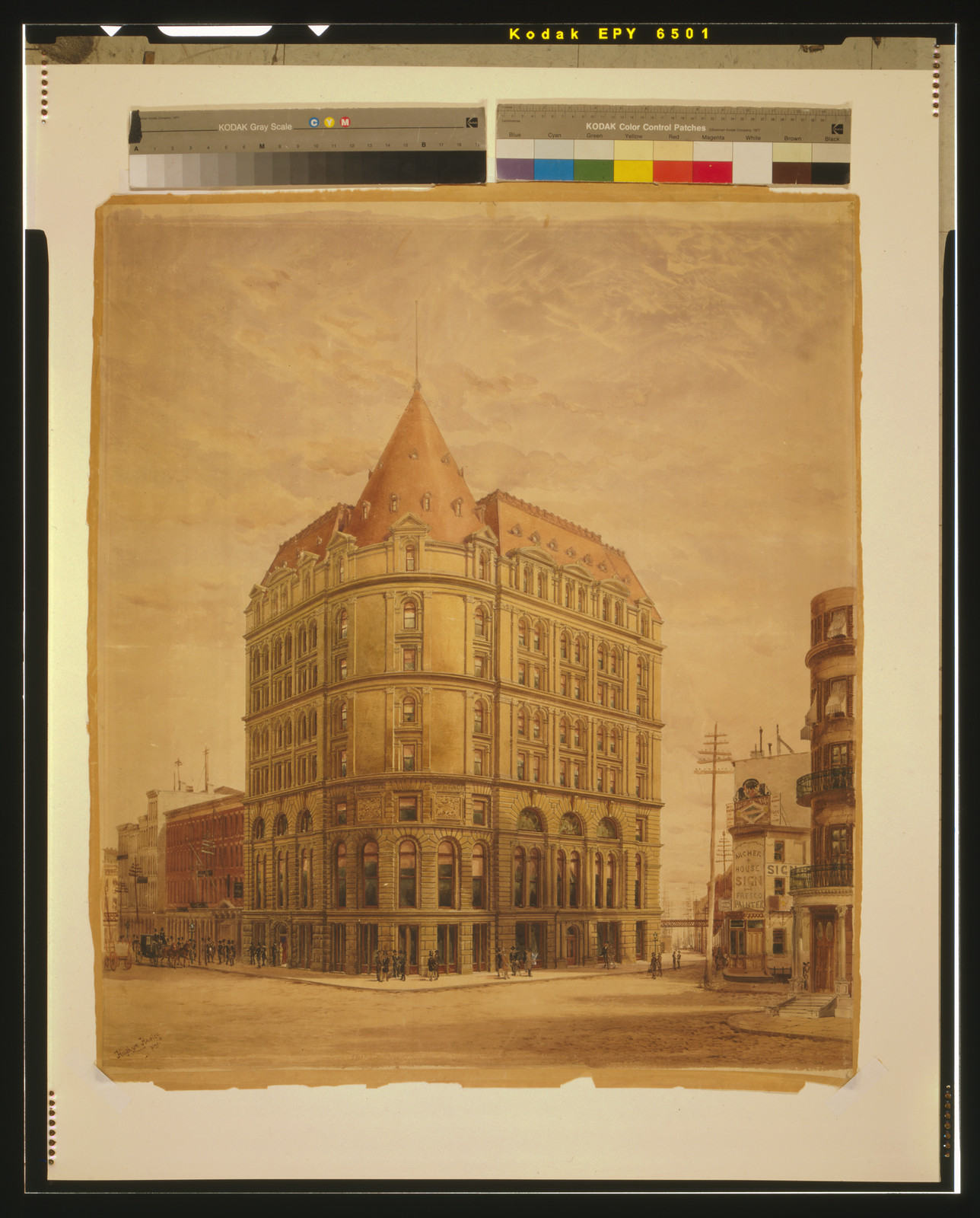 [Cotton Exchange Building (New York, N.Y.). Front. Perspective projection. Rendering] / Hughson Hawley, pinx., ca. 1883. — historic drawing
