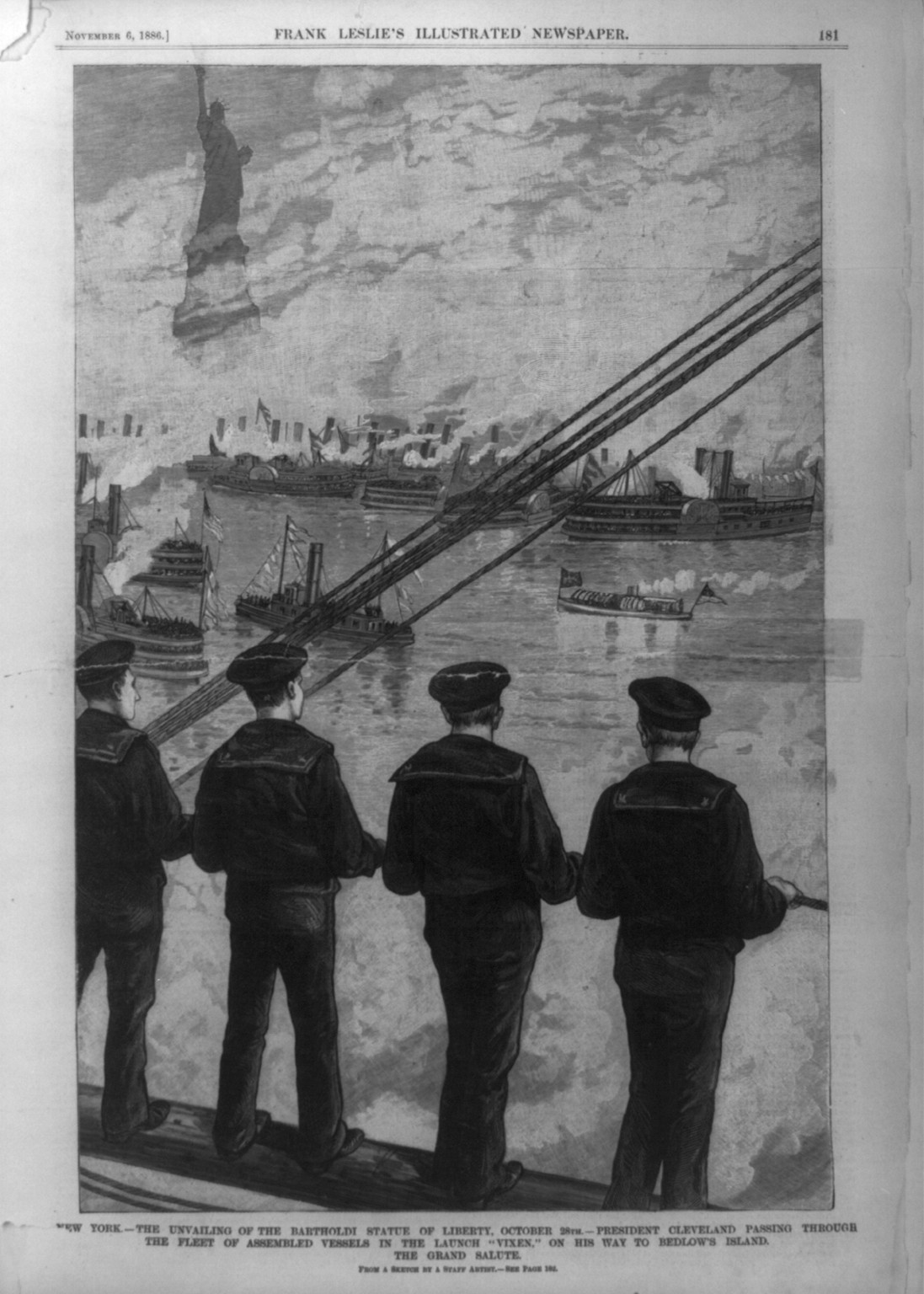New York - the unvailing [i.e., unveiling] of the Bartholdi Statue of Liberty, October 28th - President Cleveland passing through the fleet of assembled vessels in the launch Vixne, on his way to Bedlow's Island [4 sailors standing in foregrd.; Statue of Liberty in backgrd.], 1886 — antique engraving