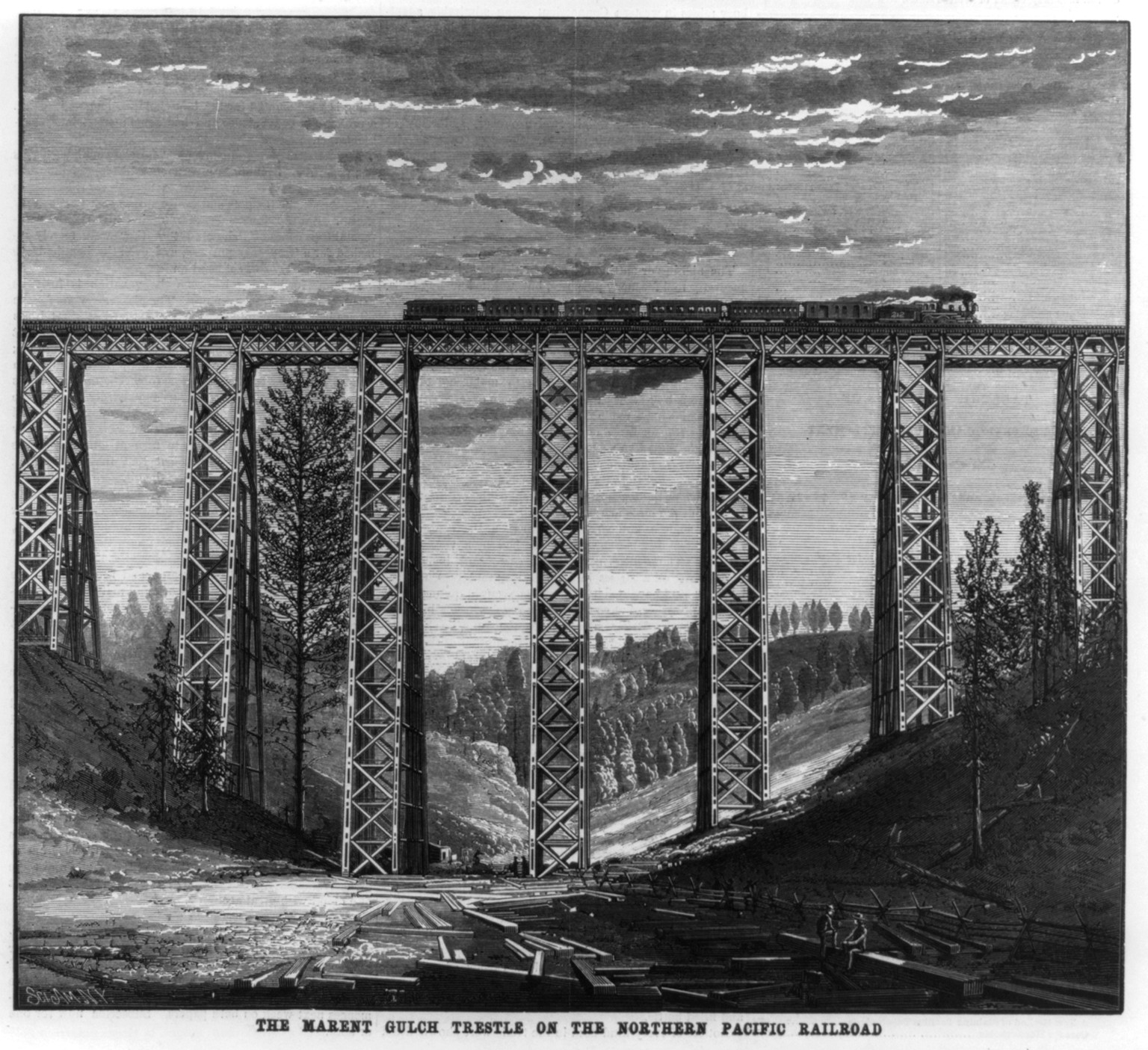 The Marent Gulch Trestle on the Northern Pacific Railroad — antique engraving
