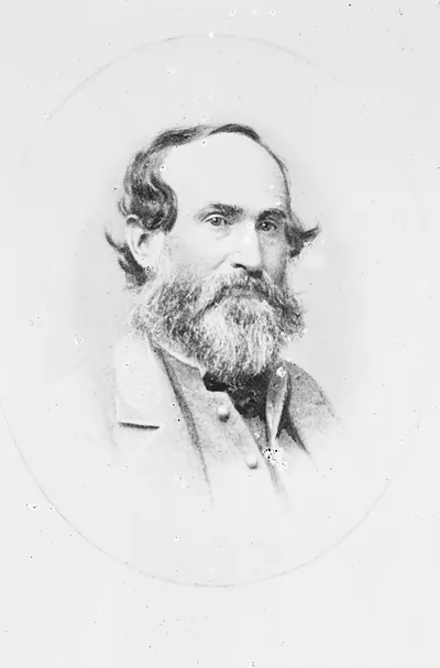 Bearded officer in military coat, oval studio portrait
