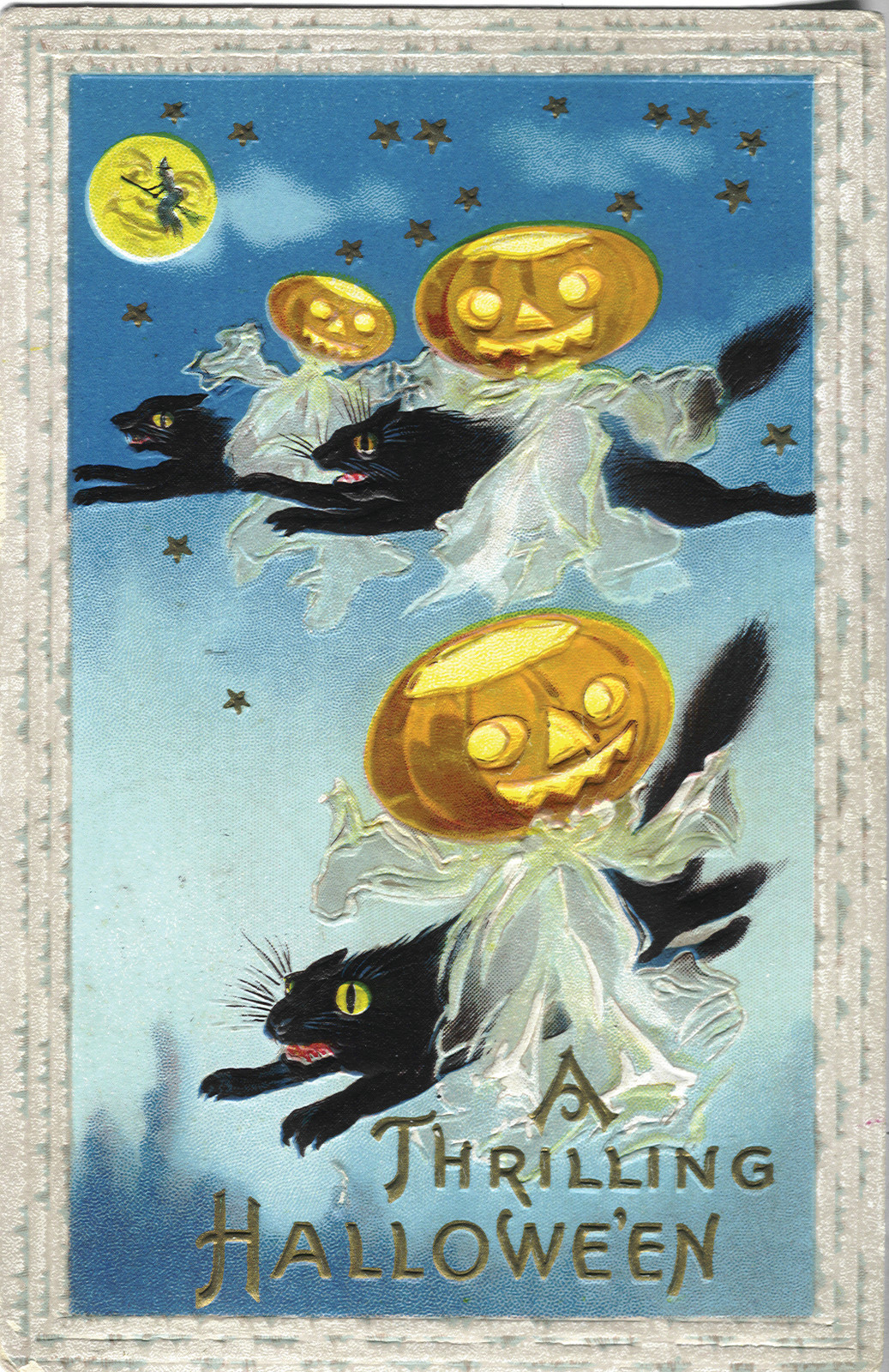 A Thrilling Halloween greeting card with jack-o'-lanterns and cats — historic image