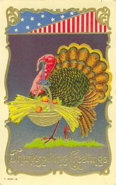 Thanksgiving Greetings postcard with turkey and flag