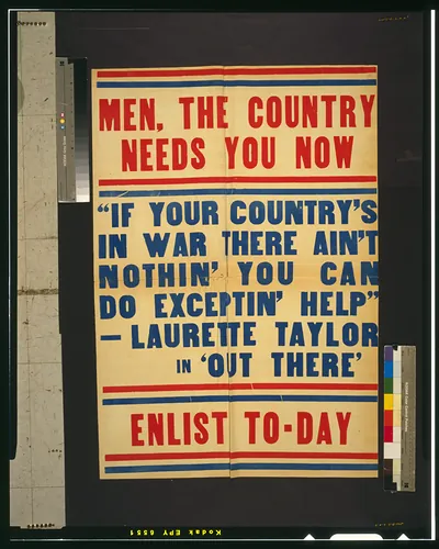 Men, the country needs you now Enlist to-day.