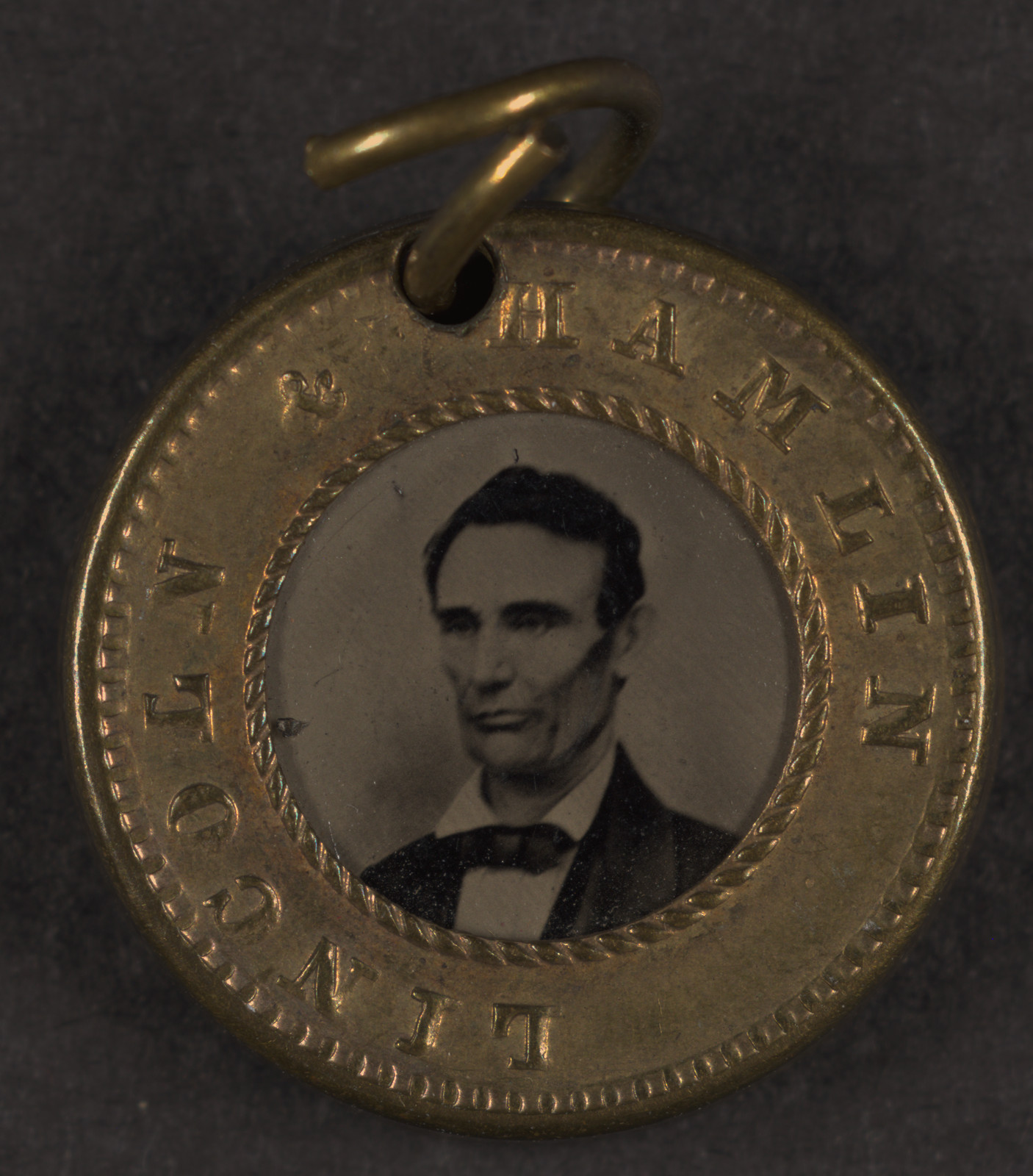 Lincoln and Hamlin campaign medal with tintype portrait — historic image