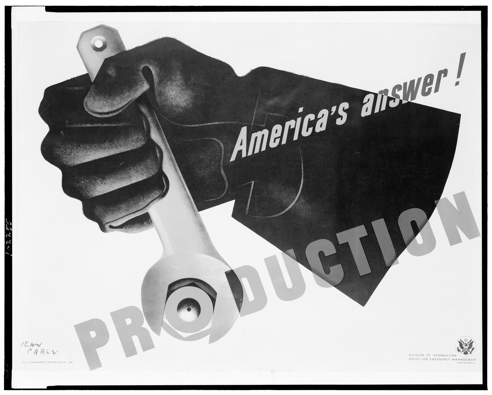 Production, America's answer! / Jean Carlu., Washington, D.C. : Office for Emergency Management, Division of Information, 1941 (U.S. Government Printing Office) — vintage poster