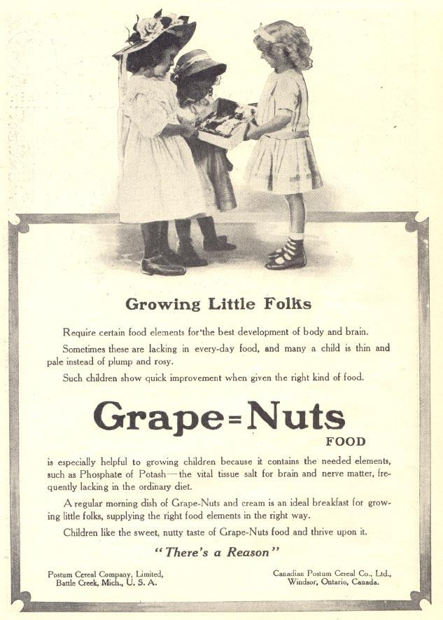 Grape-Nuts Food advertisement: Growing Little Folks — historic image