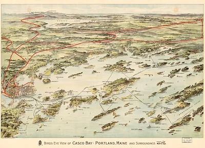 Birds eye view of Casco Bay, Portland, Maine, and surroundings