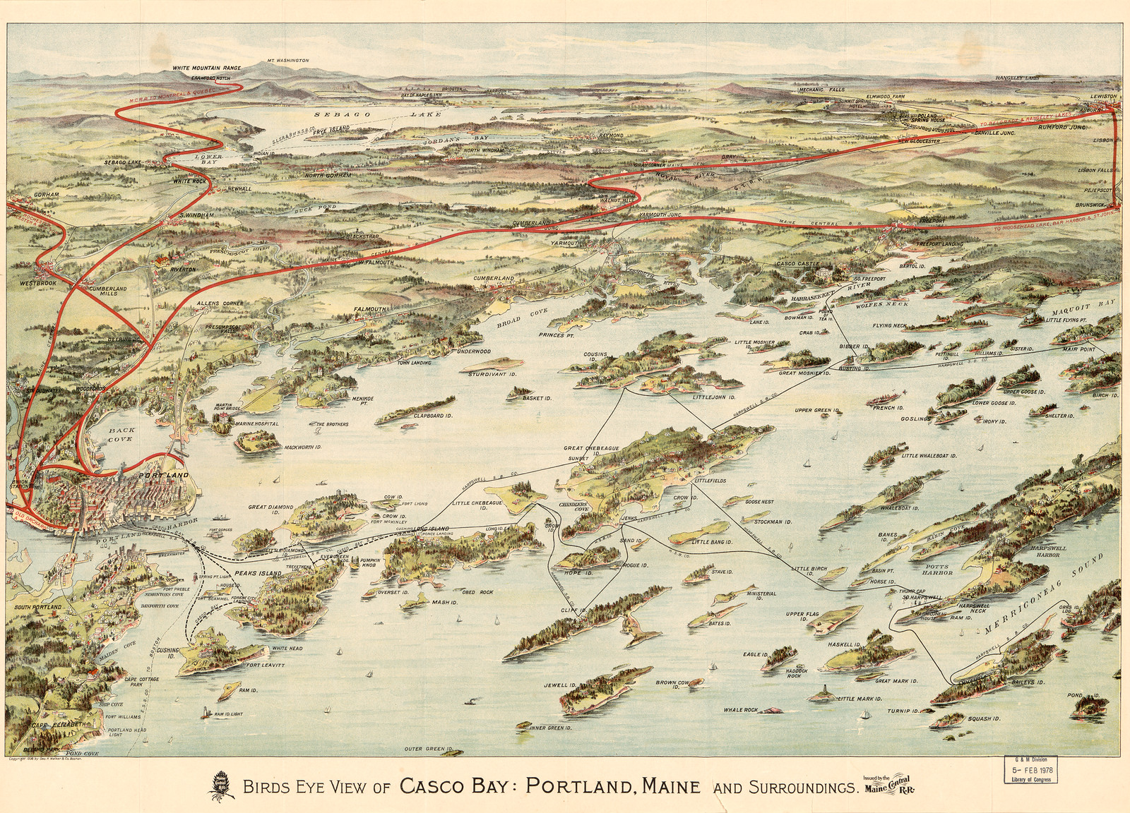 Birds eye view of Casco Bay, Portland, Maine, and surroundings — historic image