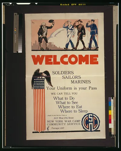 Welcome soldiers sailors marines Your uniform is your pass--We can tell you what to do, what to see, where to eat, where to sleep / Wag '18.