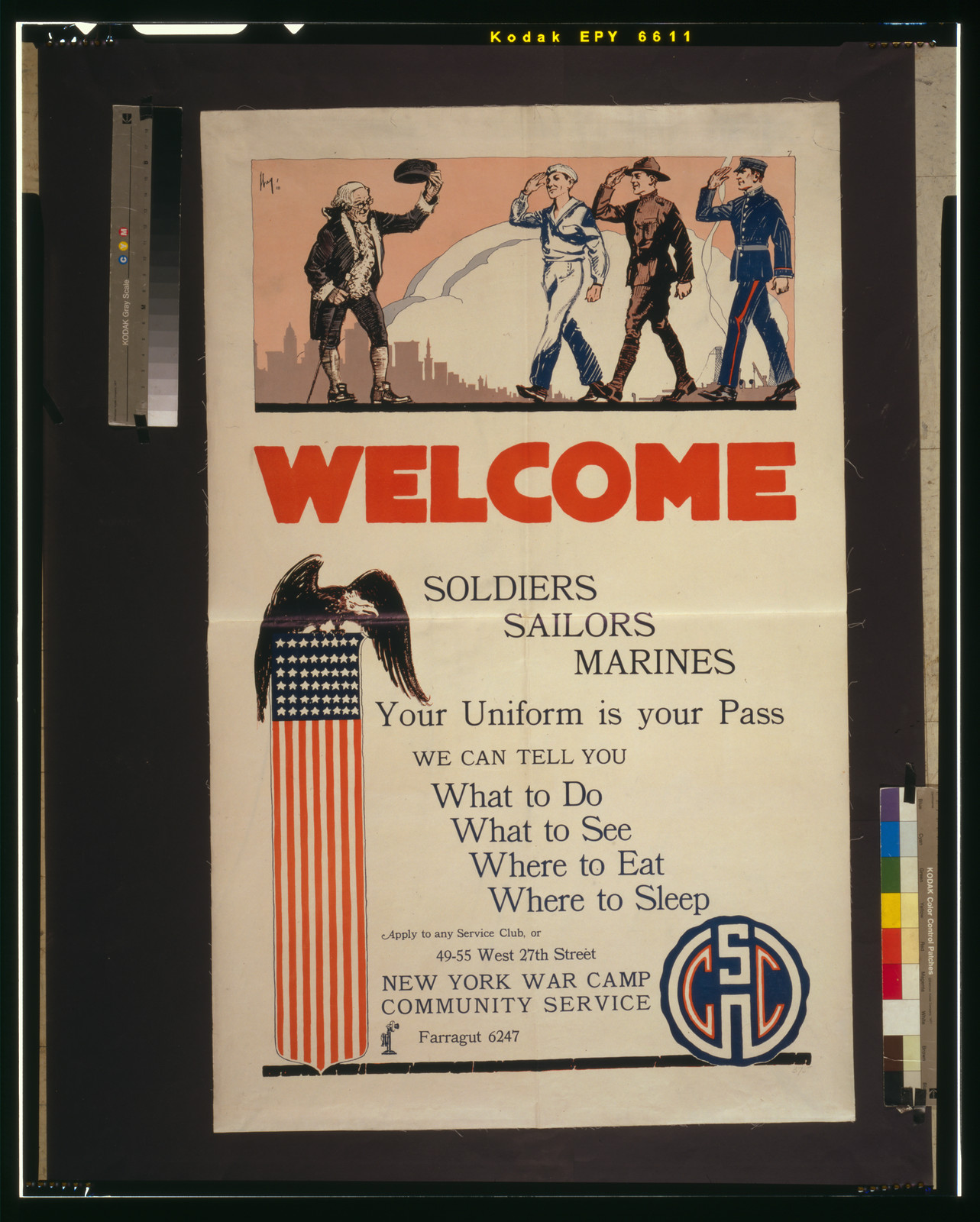 Welcome soldiers sailors marines Your uniform is your pass--We can tell you what to do, what to see, where to eat, where to sleep / Wag '18., 1918 — vintage poster
