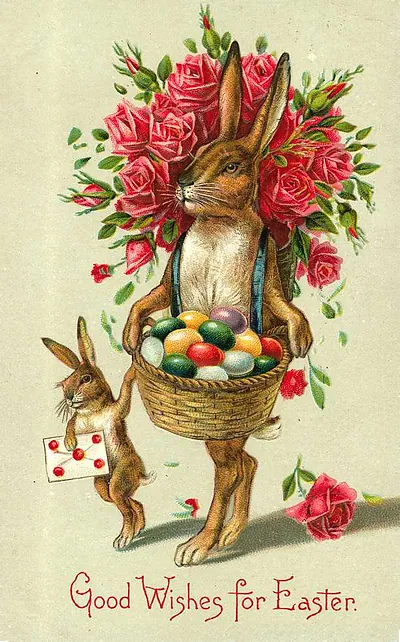 Good Wishes for Easter rabbit card with eggs and roses