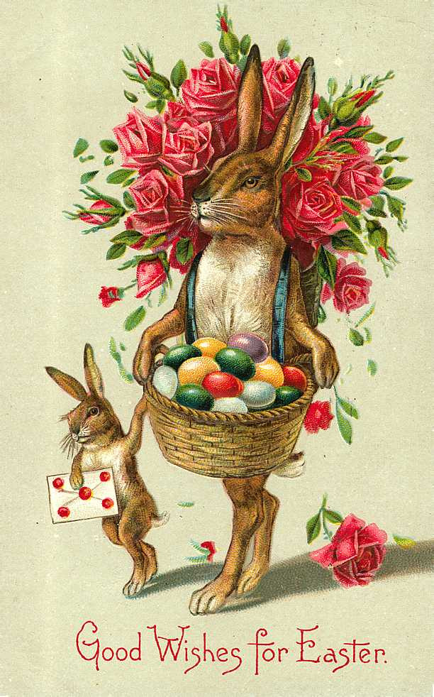 Good Wishes for Easter rabbit card with eggs and roses — historic image