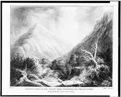 White Mountains. Distant view of the slides that destroyed the Whilley family / Cole delt. ; Imbert's lithography.