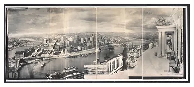 Panoramic photomontage of a river city with a man on a columned porch