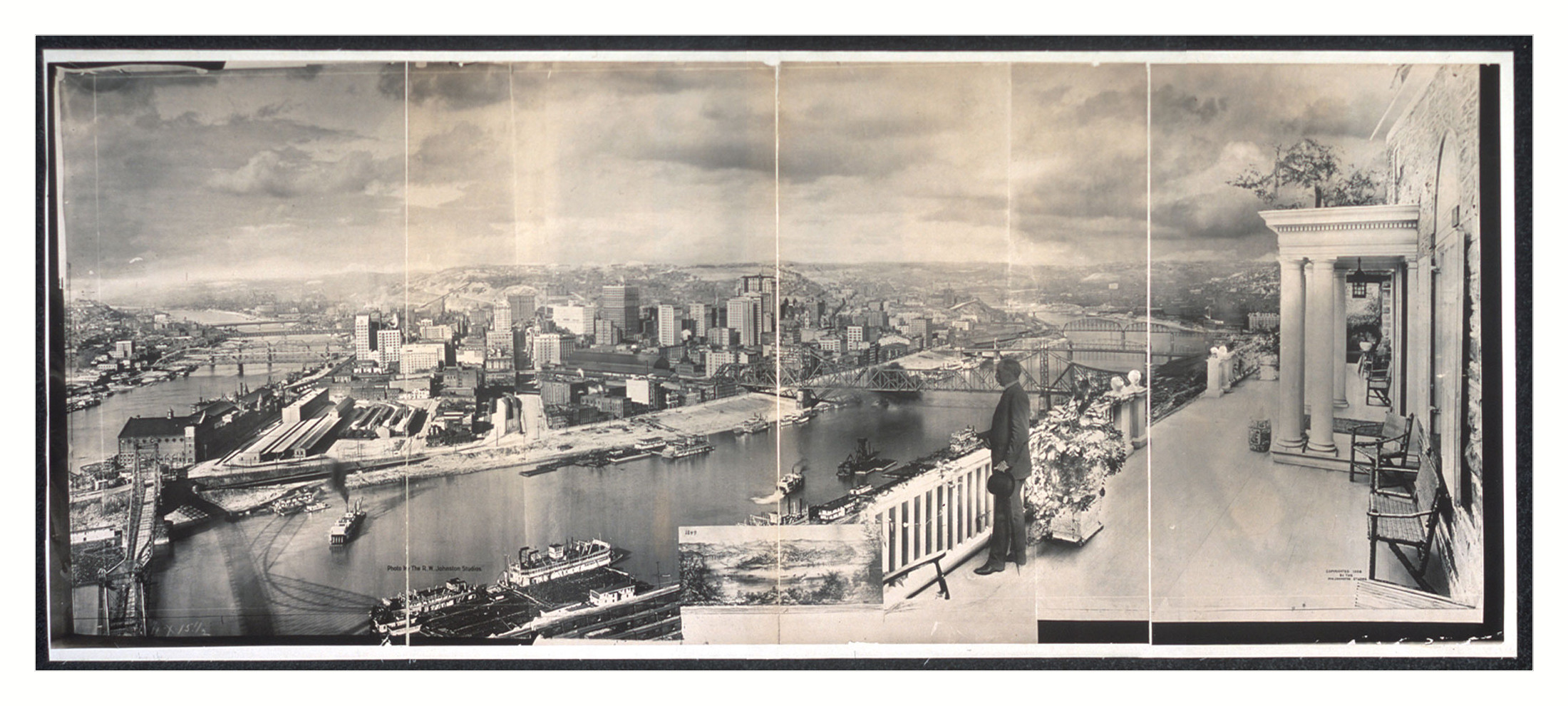 Panoramic photomontage of a river city with a man on a columned porch — historic image