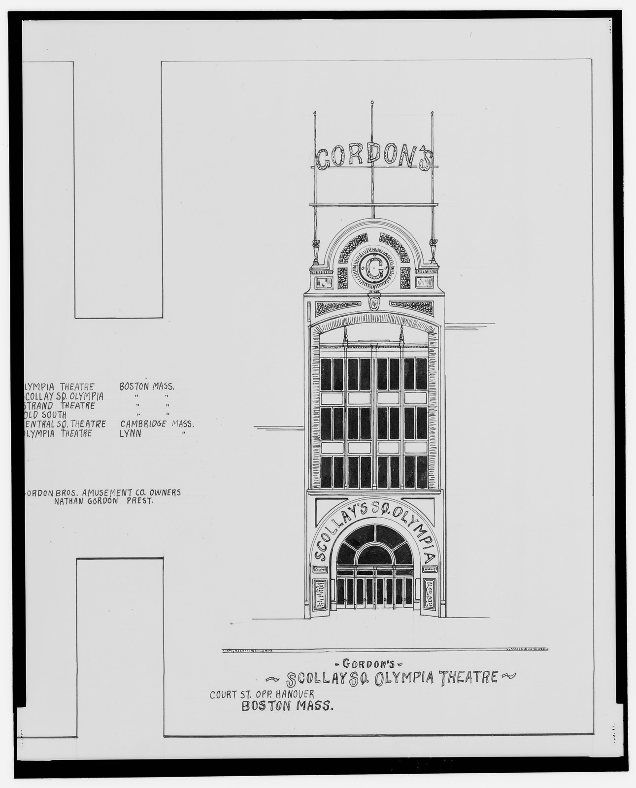 Gordon's Scollay Sq. Olympia Theatre, Boston Mass. facade drawing — vintage poster