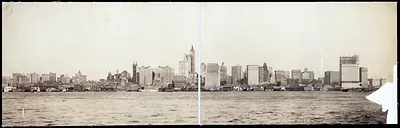 Panoramic sepia photograph of Lower Manhattan skyline from the river