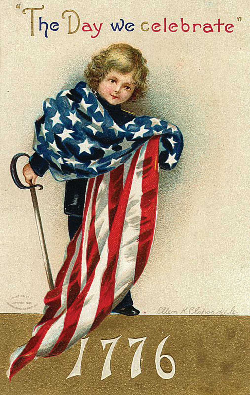 The Day we celebrate" 1776 patriotic postcard, child wrapped in flag — vintage postcard