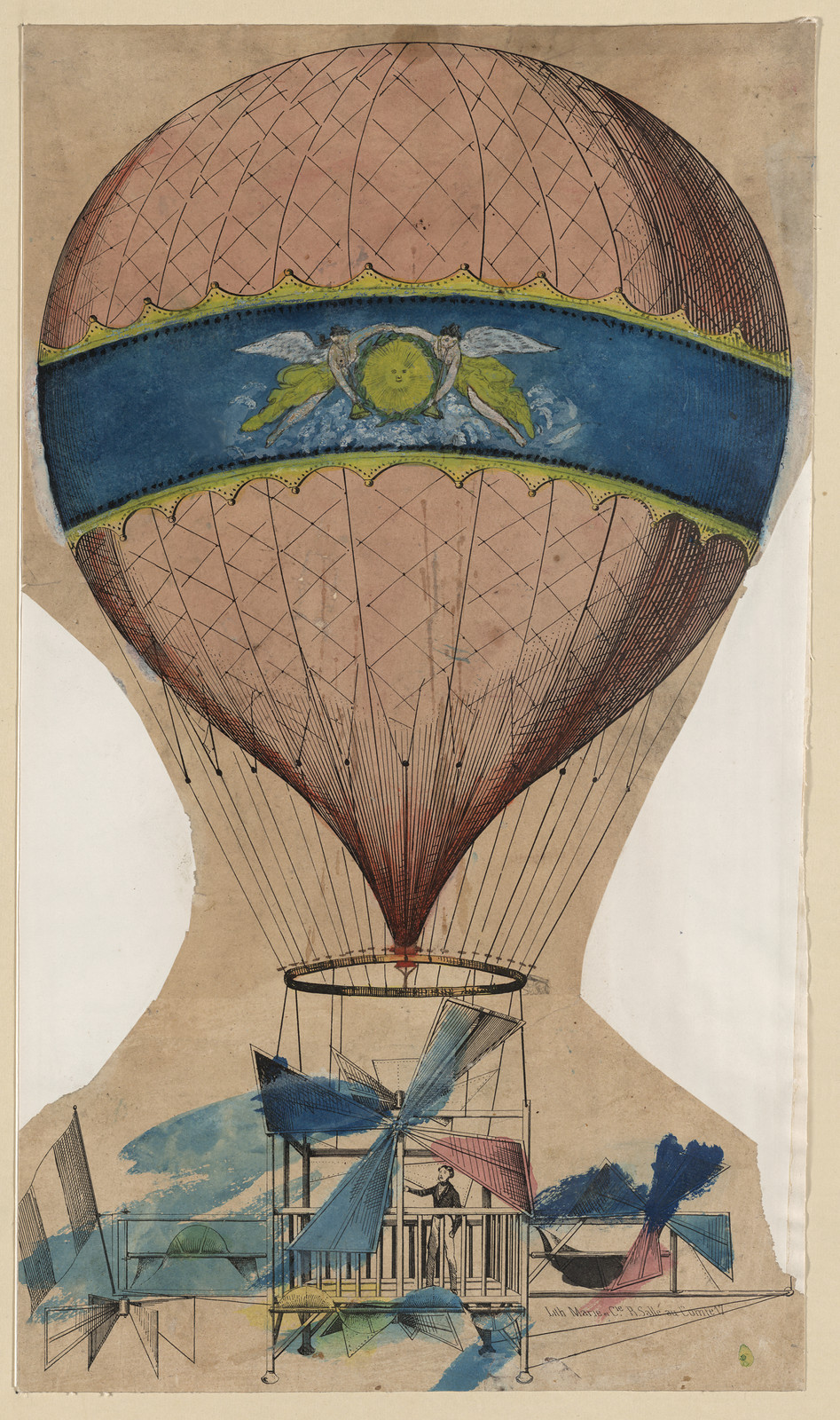 Hand-colored engraving of a balloon with an open-frame gondola — antique engraving