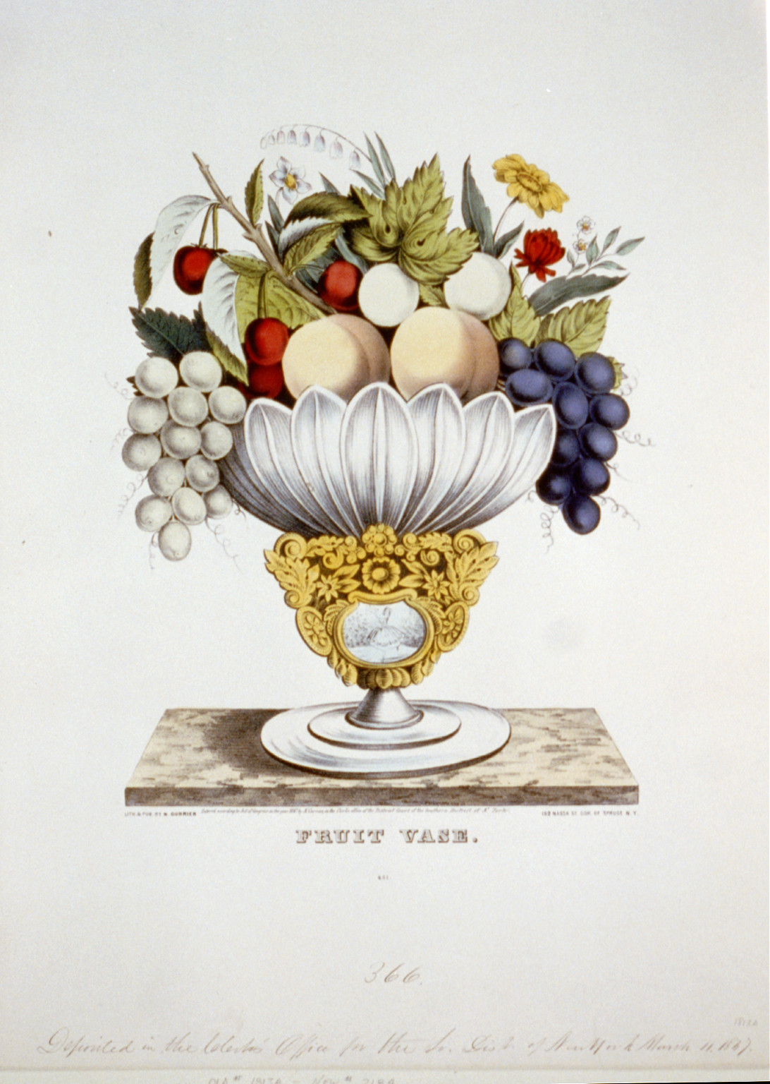 Fruit Vase, hand-colored lithograph print — antique lithograph